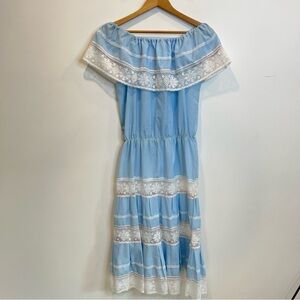 Vintage Off The Shoulder Lace Tiered Midi Dress Blue Mexico A-Line